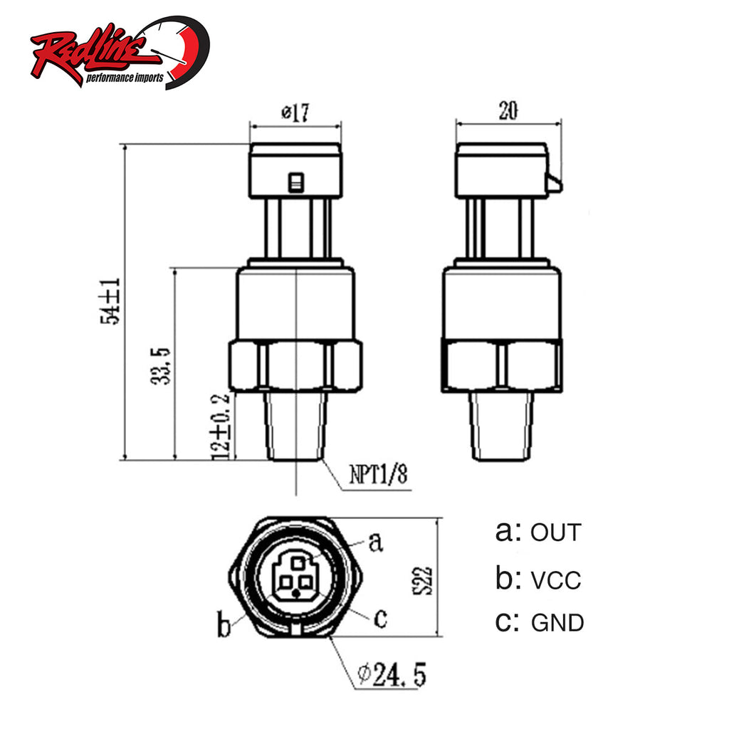 100PSI (6.9BAR) Pressure Sensor - Boost/Water/Fuel/Oil - 1/8" NPT