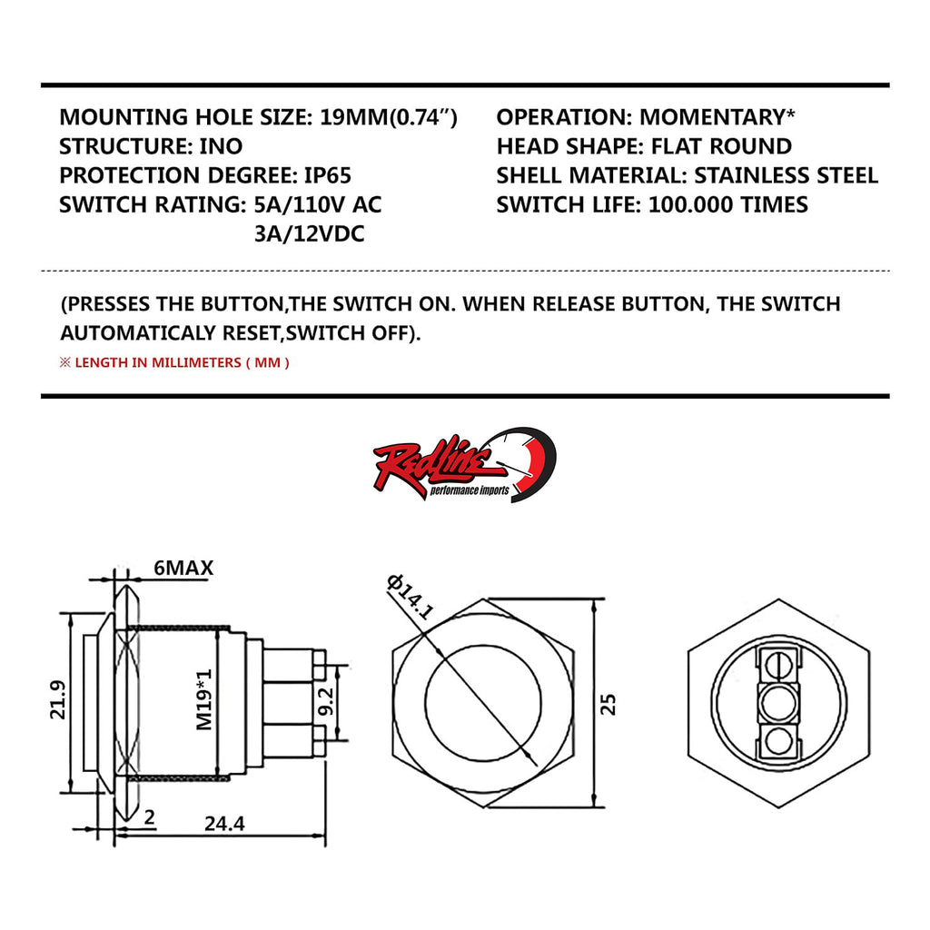 19mm Momentary Push Button Switch (Horn Type Button) - Stainless Steel