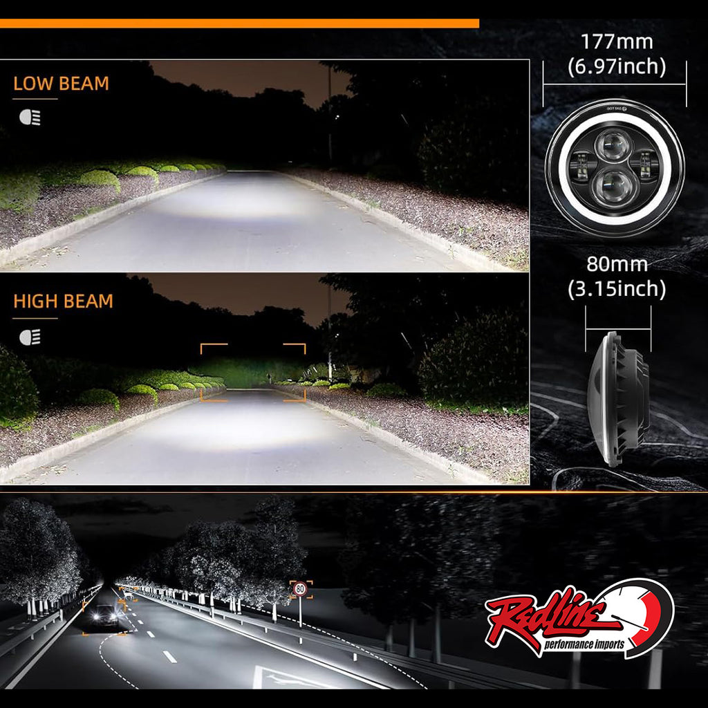 7" Projector LED Headlight With White/Amber DRL/Indicator Halo - PAIR