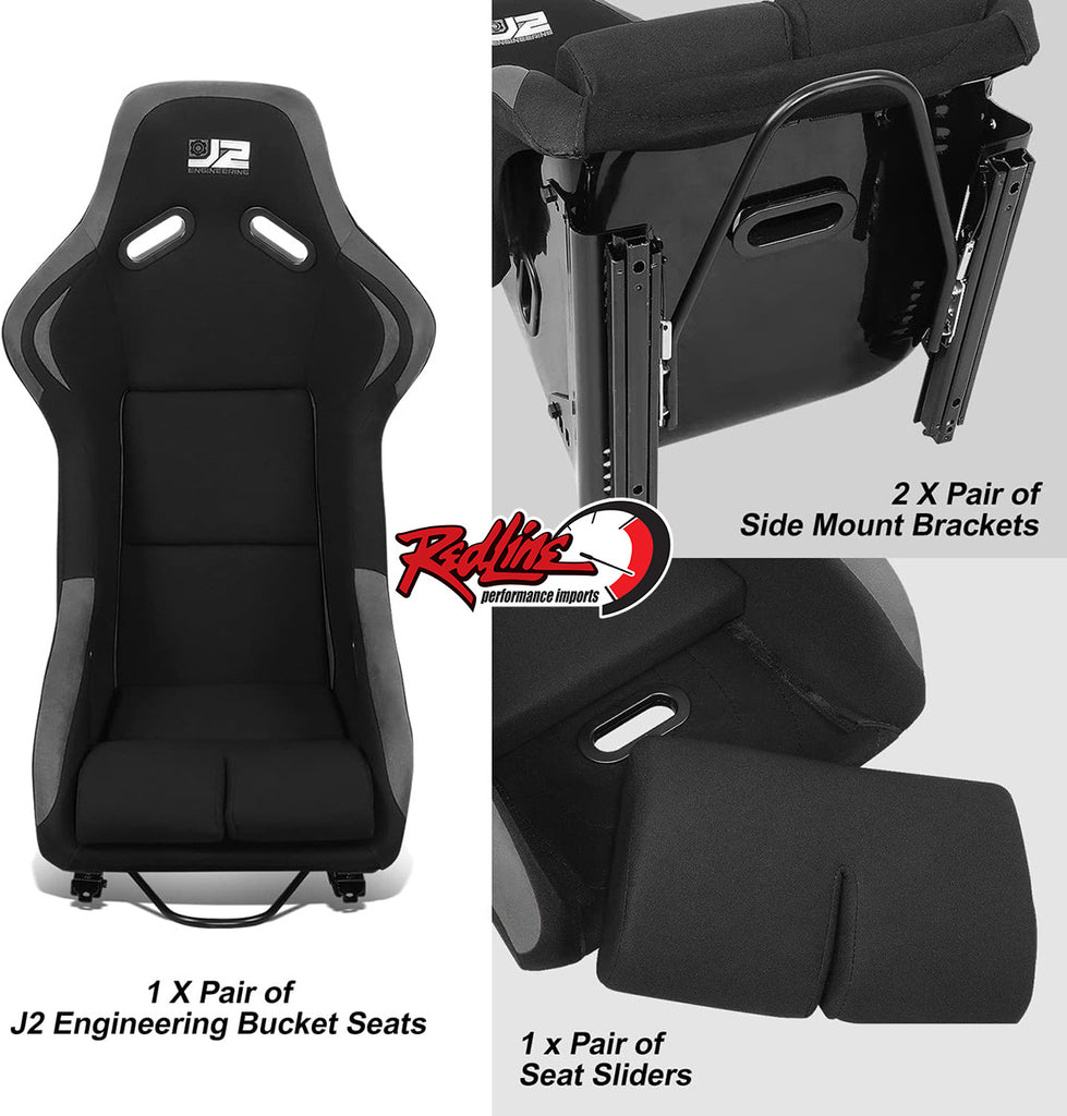 J2 Engineering Fixed Back Racing Seat with Brackets and Slider - Black/Grey