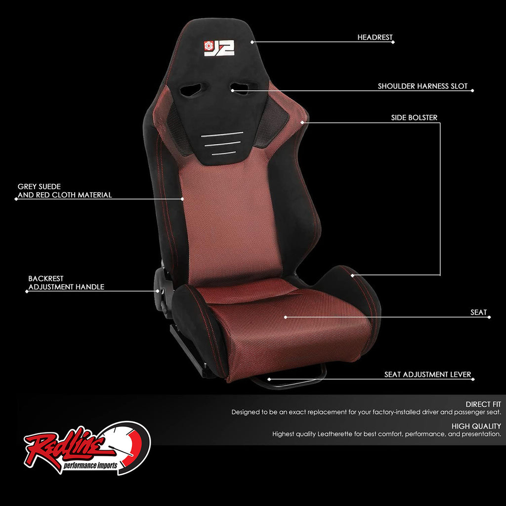 J2 Engineering Reclineable Red/Black Mesh Suede Bucket Seats - PAIR with sliders