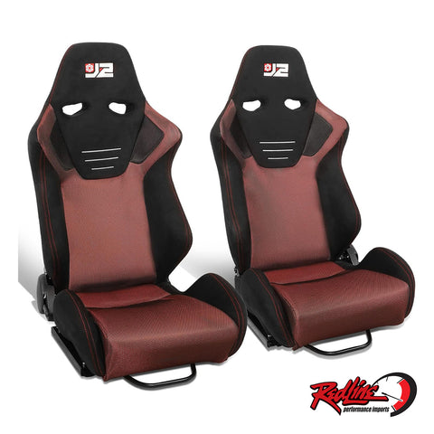 J2 Engineering Reclineable Red/Black Mesh Suede Bucket Seats - PAIR with sliders