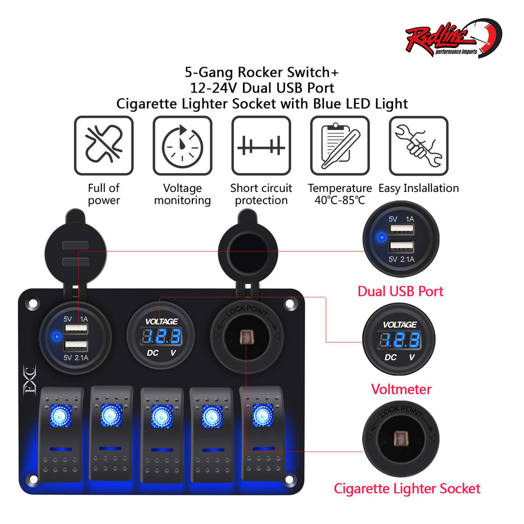 Waterproof 5 Gang Rocker Switch Panel with USB/Voltage/Cig Lighter